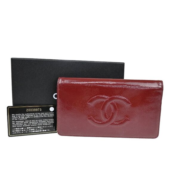 CHANEL CC Logo Bifold Long Wallet Grained Patent Leather Red Spain 31RF338 - Picture 1 of 15